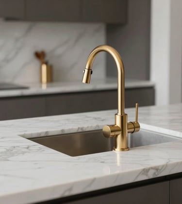 Close-up photography of a minimalist luxury kitchen island in a North American home, featuring white marble surfaces with subtle gray veins and sleek champagne gold faucets.
