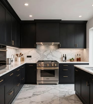 Luxury open-plan kitchen layout in a Californian mansion. High-end cabinetry in matte black contrasted with champagne gold handles and bright marble flooring.