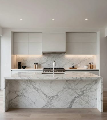 A symmetrical view of an open-plan luxury kitchen featuring a waterfall marble island and smart integration features. The composition is clean and architectural, highlighting the refined living space in a premium Los Angeles residence.