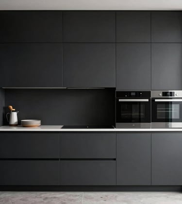Modern minimalist kitchen with seamless matte black cabinetry and integrated appliances, emphasizing symmetry and architectural precision. North American setting.