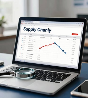 A professional photograph of a laptop screen displaying supply chain data, with a magnifying glass nearby, in a bright International / Business office setting with dark navy blue accents.