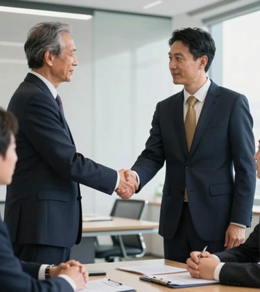 A professional photograph of an International / Business meeting taking place in a bright office, showing a handshake between professionals with a dark navy blue suit and gold tie details.