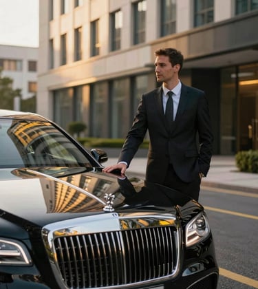 Photography of a professional private chauffeur standing beside a black luxury car outside a modern corporate hotel in an International / Business city. The lighting is golden hour, highlighting the car's polished surface with hints of bright yellow light reflections.
