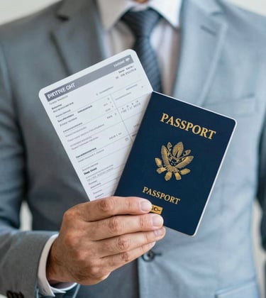 A close-up photograph of a professional in an International / Business setting holding a travel itinerary and a passport, with soft slate blue and bright gold accents in the background.