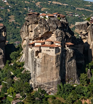 A stunning architectural photograph of the Sumela Monastery carved into the steep cliffs of Maçka, surrounded by emerald green forests. The lighting is crisp and professional, showcasing this iconic Turkish attraction.
