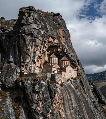 The iconic Sumela Monastery built directly into the face of a steep cliff in Altindere National Park, Trabzon. The scene is dramatic with swirling clouds and dark stone textures, capturing the essence of Eastern European / Turkish history.