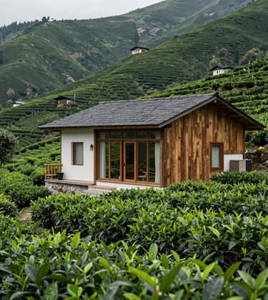 An inviting photo of a traditional yet modern boutique bungalow overlooking a lush tea plantation in the Eastern European / Turkish highlands of Trabzon. The scene is tranquil and relaxing.
