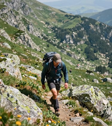 A high-angle shot of a person hiking through the rugged, green Kaçkar Mountains near Trabzon, wearing modern adventure gear. The style is bright and inspiring, reflecting the Eastern European / Turkish landscape.