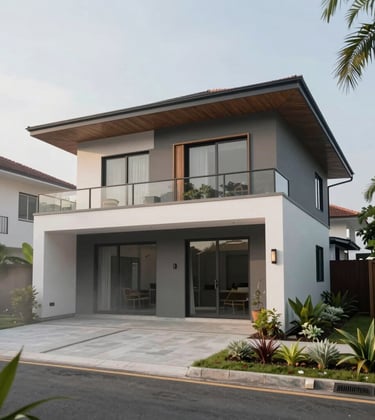 Exterior photography of a sleek, two-story modern house in a quiet Southeast Asian / Indonesian suburban area. The building is surrounded by well-kept misty sage landscaping.