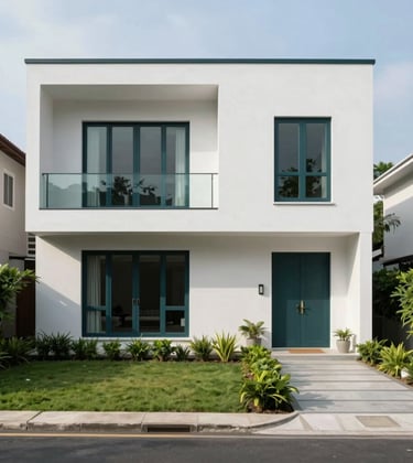 Exterior of a luxury modern minimalist house in a premium Southeast Asian / Indonesian neighborhood, featuring soft mist white facade, deep midnight teal window frames, and manicured green gardens.