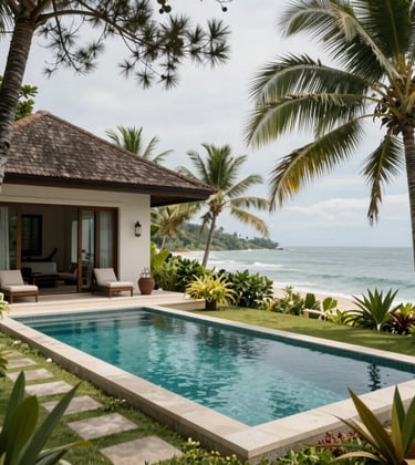 Photography of an elegant private villa with a private swimming pool and lush tropical gardens in a Southeast Asian / Indonesian coastal environment. Daytime lighting, sophisticated atmosphere, deep pine and pale mist tones.