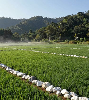 A wide angle shot of a pristine plot of fertile land for sale in a Southeast Asian / Indonesian countryside, clear boundaries marked by soft mist white stones, surrounded by deep forest green hills and a bright clear sky.