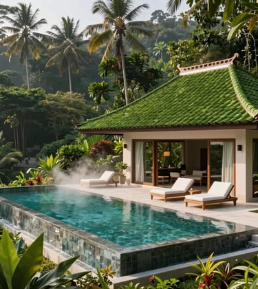 A high-end private villa with a private infinity pool overlooking a Southeast Asian / Indonesian jungle, modern Balinese aesthetic with deep forest green tiled roofs and soft mist white poolside loungers, soft morning light.