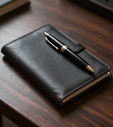 A high-angle shot of an elegant leather portfolio and an expensive pen resting on a dark wood table. The lighting is cinematic and focused, suggesting a discreet and premium professional environment.
