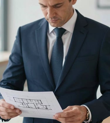 Close-up photography of a Western European advisor in a tailored navy suit reviewing high-end architectural plans and financial documents. The lighting is soft and natural, emphasizing a premium, meticulous mood.