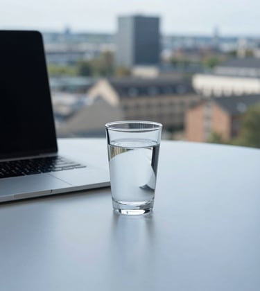 Photography of a sleek, minimalist desk setup featuring a thin laptop and a single glass of water on a pale blue surface. A blurred Luxembourg cityscape is in the background. Calm and premium.