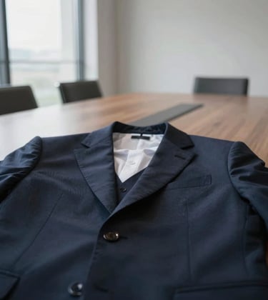 A close-up photograph of a pair of well-tailored business suits in a meeting within a minimalist, high-end boardroom in Luxembourg. The scene is lit by natural light from large windows, featuring a palette of dark navy and soft grey.