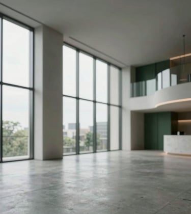 A minimalist, ultra-modern luxury condo interior in River North, featuring floor-to-ceiling windows, polished concrete floors, and accents of #3B5249 green. High-end lighting fixtures highlight the clean, architectural lines.