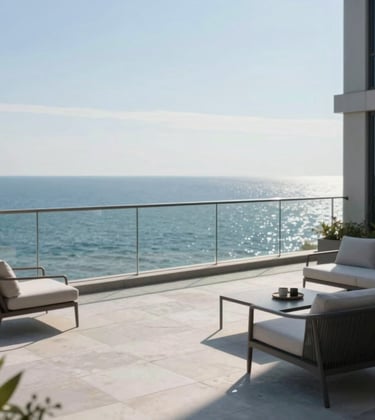 A high-rise terrace view overlooking Lake Michigan, with a sleek glass railing. The scene features minimalist #EFEFEF stone flooring and sophisticated outdoor furniture, capturing the essence of elite Chicago living.