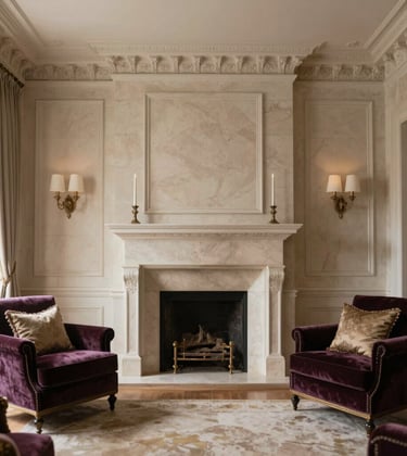The interior of a classic Chicago limestone mansion, featuring a grand fireplace and ornate crown molding. The room is styled with #1A202C velvet furniture and #A1A690 silk curtains, illuminated by warm, sophisticated lighting.