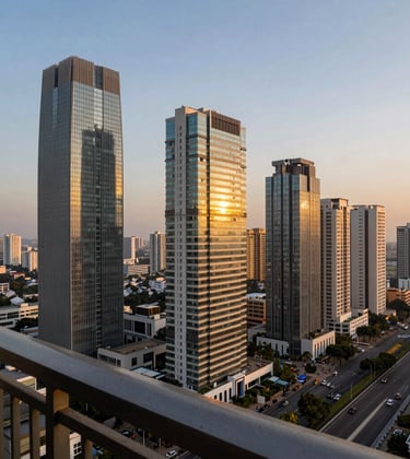 Golden hour photography of a high-rise skyline view from a balcony in Dwarka Expressway, Gurgaon. The image highlights the rapid development and modern infrastructure of the region with golden light hitting the glass towers. South Asian cityscape details.