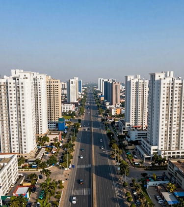 High-altitude drone shot of the Dwarka Expressway area in Gurgaon, showcasing modern infrastructure, wide boulevards, and sprawling new-launch residential towers under a clear blue sky, emphasizing development and growth in 2025.