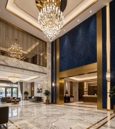 Close-up of a luxurious modern lobby in a Gurgaon premium property, featuring gold-accented marble floors, high ceilings, and a large crystal chandelier. The style is contemporary South Asian luxury with a sophisticated navy and gold color palette.