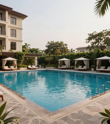 An expansive outdoor swimming pool of a luxury apartment complex in New Gurgaon, featuring an infinity edge and private cabanas. The scene is shot in soft daylight with a focus on the premium architecture and lush South Asian greenery surrounding the deck.