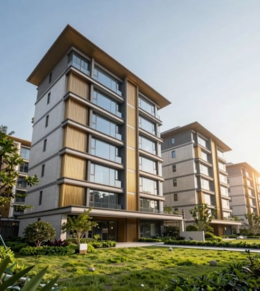 Low-angle architectural shot of a sprawling residential estate in New Gurgaon. The image features modern lines, large glass windows, and gold-tinted privacy screens. Lush green landscaping typical of premium Haryana developments surrounds the base of the structure under a bright afternoon sun.