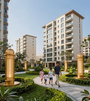 Daytime photography of a luxury apartment complex on Golf Course Extension Road, Gurgaon. The image shows a South Asian family walking through a manicured garden with golden decorative structures. High-end modern design, bright natural lighting, and a clear blue sky.