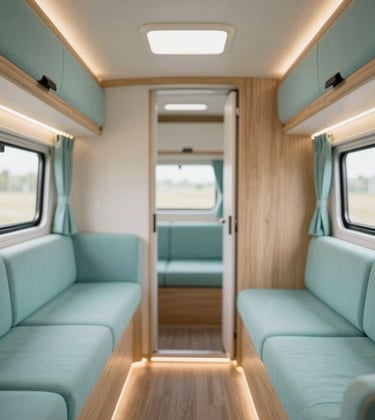 Interior shot of a bespoke luxury caravan, showcasing minimalist modern design, warm hidden lighting, and light teal textile accents. The atmosphere is cozy yet high-end, featuring clean lines and premium materials like natural wood.