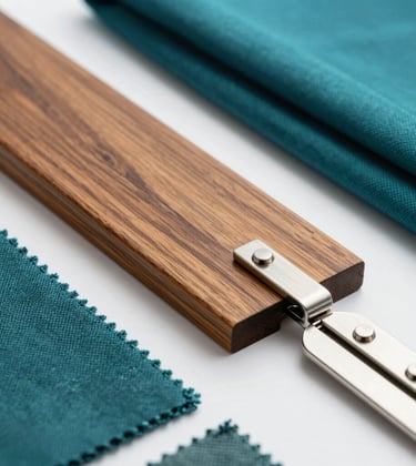 A curated flat-lay of premium boat and caravan building materials: polished teak wood, high-grade marine stainless steel, and luxury fabric swatches in the brand's teal palette, signifying unwavering quality.
