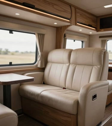 A close-up shot of the interior of a luxury custom-made caravan, showing high-quality wood finishes and premium upholstery in tones of #4A6D6C and #F2F7F6. Soft, natural light enters through a large window, emphasizing clean, modern lines.