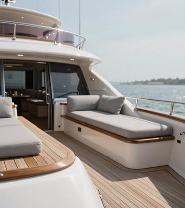 A medium shot of a custom-built, luxury yacht's deck, showing polished wood and high-end nautical fittings. The style is modern and inviting, with a palette featuring #4A6D6C and soft mist #F2F7F6 accents. Natural bright daylight.