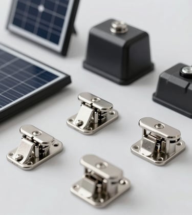 A clean, studio-style shot of premium marine and caravan components—stainless steel latches, high-grade solar panels, and bespoke hardware—arranged neatly on a light #F2F7F6 surface. Professional lighting emphasizing craftsmanship and quality.