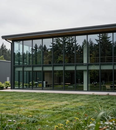 Modern architectural photography of a sustainable energy research and development center in the North American / US Pacific Northwest. The building features large glass windows reflecting a Dark Green forest and a well-maintained lawn. The style is clean, corporate, and innovative.