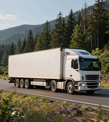 A high-speed professional photography shot of a sleek, modern logistics truck driving through a mountainous North American / US landscape. The lighting is crisp morning sun, highlighting the truck's clean lines. The surrounding environment features deep Fern Green forests and a clear Platinum sky.