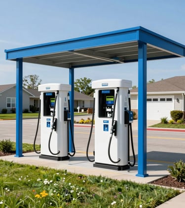Professional photography of a state-of-the-art sustainable fueling station in a clean North American / US suburban setting. The structure features modern Steel Blue accents and Apple Green landscaping. Clear midday lighting, high-contrast, innovative atmosphere.