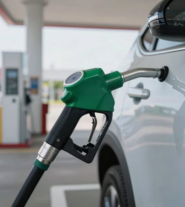 Close-up photography of a high-tech fuel nozzle dispensing fuel into a modern vehicle in a clean, brightly lit North American service station environment.