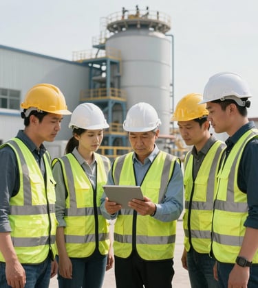A group of professional engineers in safety gear standing in front of a modern industrial facility in the US, looking at a digital tablet with confidence, daytime sunlit.