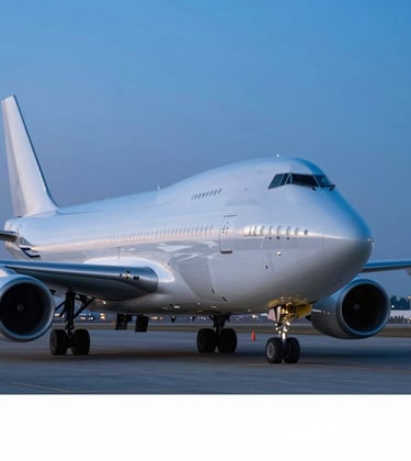 A professional close-up of a modern cargo plane on a tarmac at dusk, its silver hull reflecting the ambient corporate blue lighting. Clean, sharp lines and premium atmosphere.