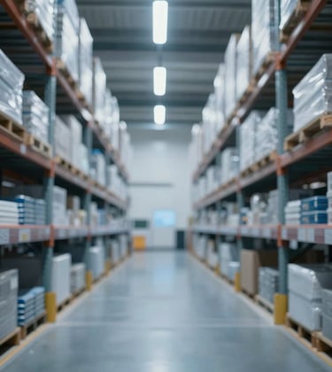 A high-tech, clean, modern warehouse interior with high ceilings and organized shelving. The lighting is cool and professional, featuring subtle blue accents (#4C6A89) and metallic finishes.