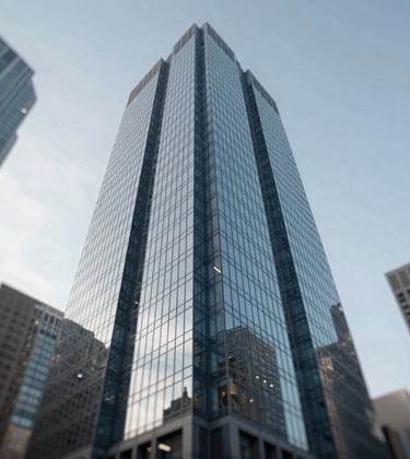 A sharp, low-angle architectural photograph of a sleek glass skyscraper in a US financial district, reflecting the sky. The image has a clean, corporate aesthetic with tones of #4C6A89 and #E0E6EB.