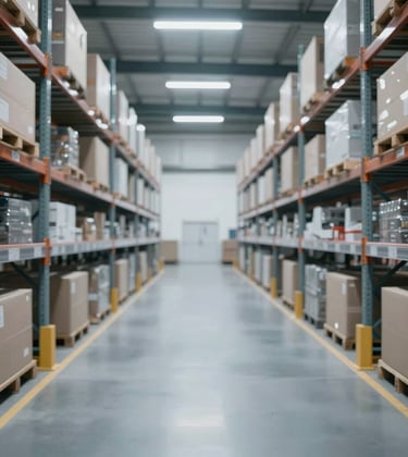 A wide, clean interior shot of a high-tech modern warehouse with automated storage systems and cargo ready for export. Symmetrical composition with professional cool lighting featuring #4C6A89.