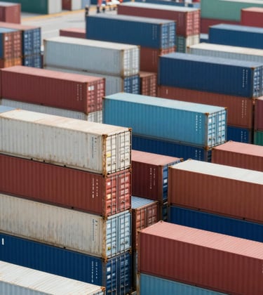 A massive stack of colorful shipping containers at a port facility. High contrast, sharp focus, capturing the essence of international commerce and scale.