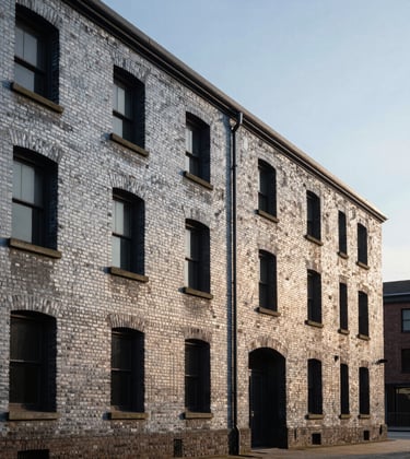 A sharp, detailed photograph of a historic brick building located at the edge of the shipyard, now serving as a museum. The architecture is illuminated by soft morning light, showing textures of weathered stone and steel. Colors are predominantly Silver Mist and deep shadows.