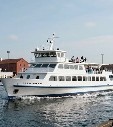 A medium shot of a sleek white tour boat with Steel Blue trim, carrying visitors through the Gdansk harbor. The composition is dynamic, showing the movement of the boat against a backdrop of industrial docks under a bright Sea Salt sky.