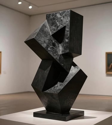 A black-on-black abstract sculpture with geometric angles, positioned in a gallery-like space. The lighting is focused and cinematic, evoking exclusive control.