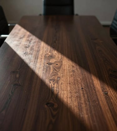 Photography of a geometric shadow cast across a high-end, dark wood surface in a quiet, exclusive boardroom. The composition is off-center and minimalist, reflecting a calm, controlled environment. North American / International Business atmosphere.