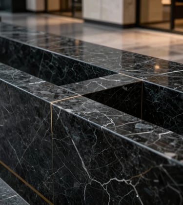 A minimalist, abstract composition of black marble and gold accents in a professional North American / International Business lobby. Cinematic depth of field, sharp focus on the intersecting lines of the stone, representing stability and intellectual precision.